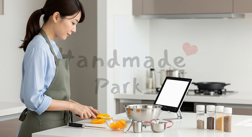 フリー素材 無料 写真|タブレットでオンライン料理教室を受けながら自宅キッチンで調理する日本人女性(表現4)