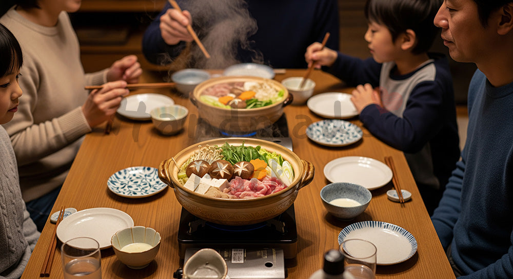 フリー素材 無料 写真|湯気の立つ寄せ鍋を家族で囲む日本人家庭の冬の食卓(表現6)