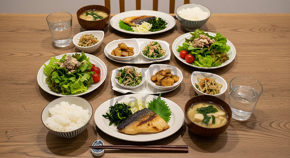 フリー素材 無料 写真|木目テーブルに和洋折衷の家庭夕食が並ぶフラットレイ(人物なし)(表現3)