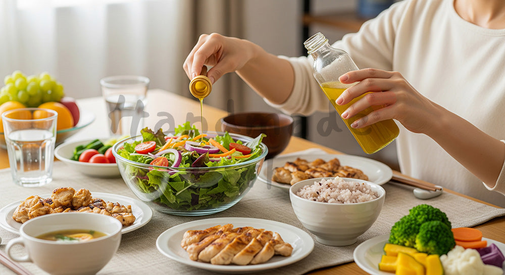 フリー素材 無料 写真|サラダと雑穀ご飯が並ぶヘルシーな食卓でドレッシングをかける日本人女性(表現2)