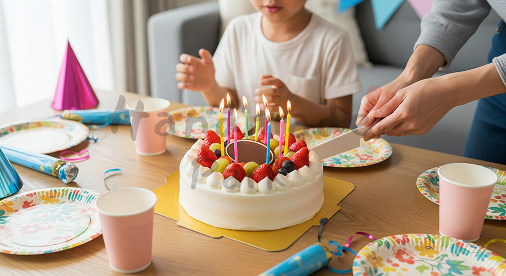 フリー素材 無料 写真|ホールケーキが主役の日本人家庭の子ども誕生日パーティー食卓シーン(表現2)
