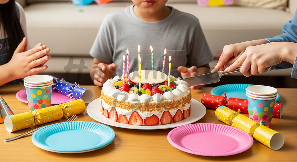 フリー素材 無料 写真|ホールケーキが主役の日本人家庭の子ども誕生日パーティー食卓シーン(表現1)