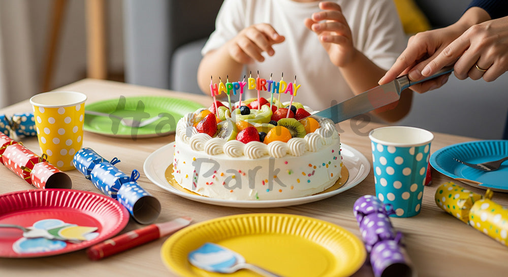 フリー素材 無料 写真|ホールケーキが主役の日本人家庭の子ども誕生日パーティー食卓シーン コピースペースあり