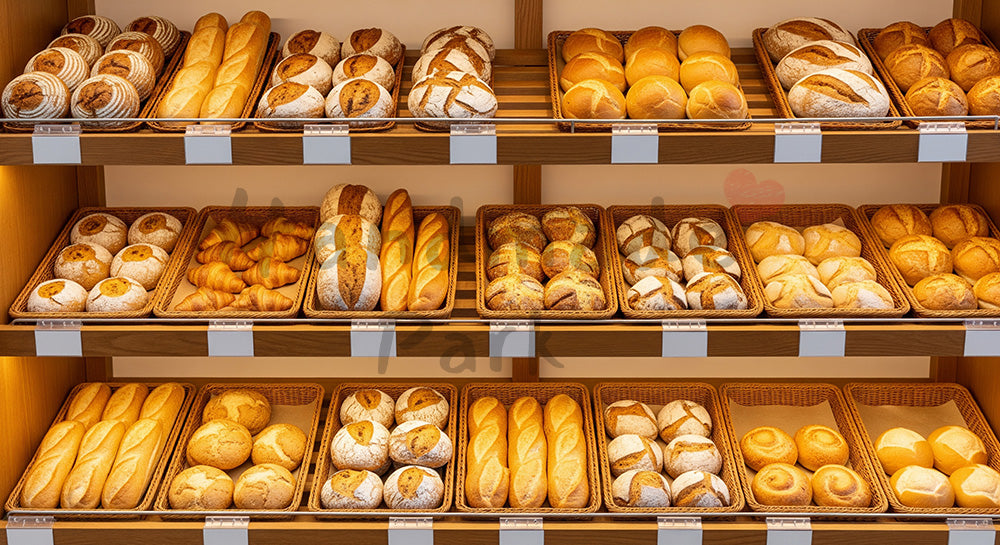 フリー素材 無料 写真|木製ラックにさまざまなパンが並ぶベーカリー売り場イメージ(人物なし)(表現1)
