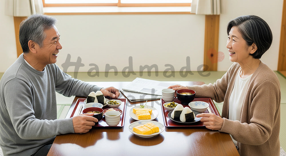 フリー素材 無料 写真|おにぎりや味噌汁を並べた和食ランチを夫婦で囲む日本人シニア夫婦の食卓シーン(表現1)