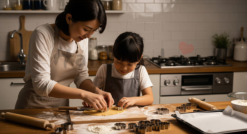 フリー素材 無料 写真|親子でクッキー生地を型抜きする日本人家庭のお菓子作りシーン 背景素材