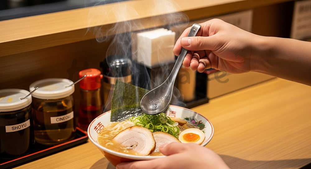 フリー素材 無料 写真|カウンターでラーメンどんぶりにトッピングを載せる日本人男性の手元シーン コピースペースあり