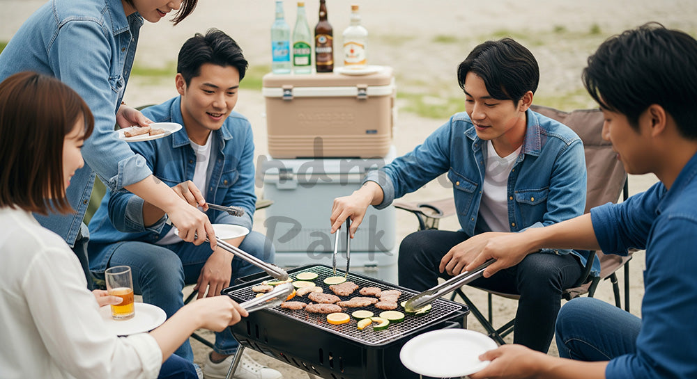 フリー素材 無料 写真|屋外バーベキューグリルを日本人友人グループが囲んで肉や野菜を焼くシーン コピースペースあり