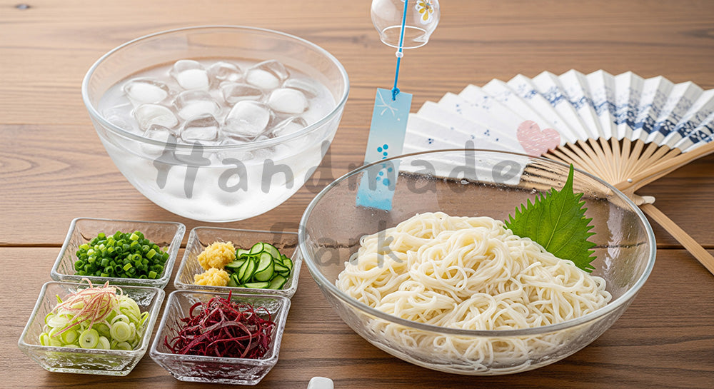 フリー素材 無料 写真|ガラスの器に盛った冷やしそうめんと薬味を並べた日本の夏の食卓イメージ(人物なし) 余白あり