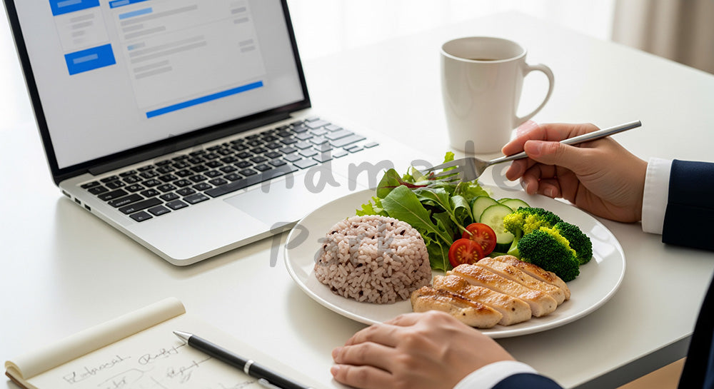 フリー素材 無料 写真|在宅勤務のデスクでノートPC横にヘルシーなワンプレートランチを置いた日本人ビジネスパーソンの昼食シーン(表現3)