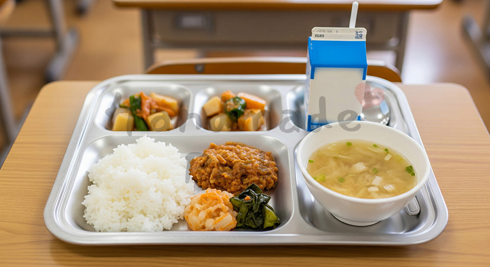 フリー素材 無料 写真|小学校教室風の机に並んだ日本の学校給食トレーのクローズアップ(人物なし)(表現2)