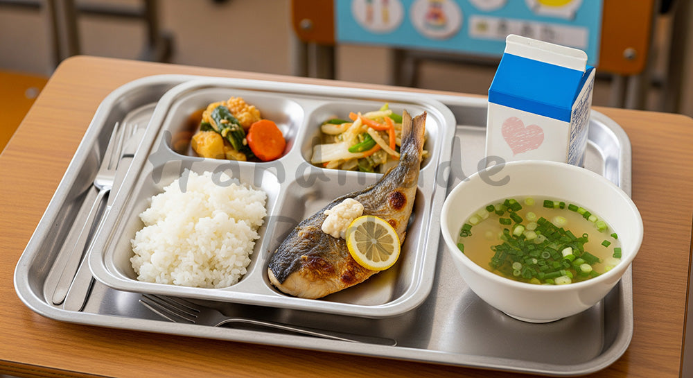 フリー素材 無料 写真|小学校教室風の机に並んだ日本の学校給食トレーのクローズアップ(人物なし) 背景素材