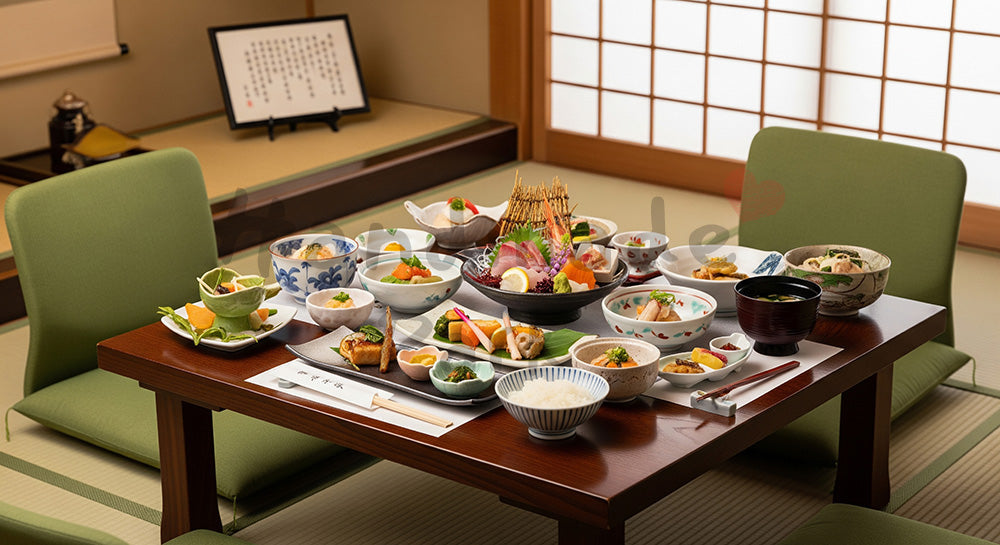 フリー素材 無料 写真|和風座敷のテーブルに懐石料理風の和食コースが並ぶ上品な食卓シーン(人物なし) 余白あり