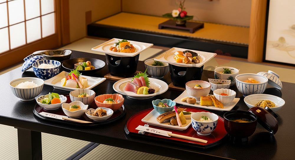 フリー素材 無料 写真|和風座敷のテーブルに懐石料理風の和食コースが並ぶ上品な食卓シーン(人物なし)