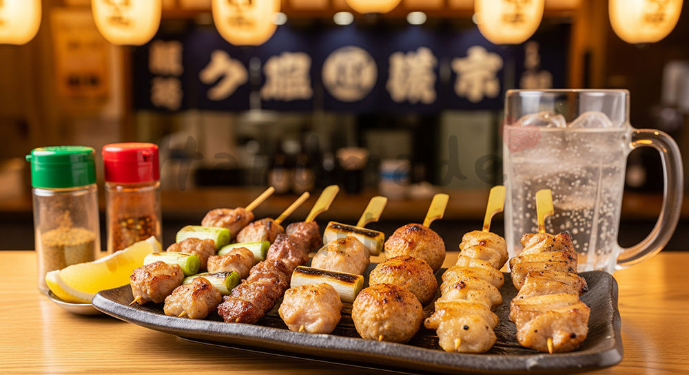 フリー素材 無料 写真|皿に並んだ焼き鳥串とドリンクグラスのクローズアップ(居酒屋イメージ・人物なし) 背景素材
