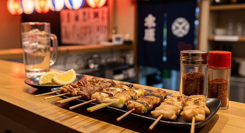 フリー素材 無料 写真|皿に並んだ焼き鳥串とドリンクグラスのクローズアップ(居酒屋イメージ・人物なし)