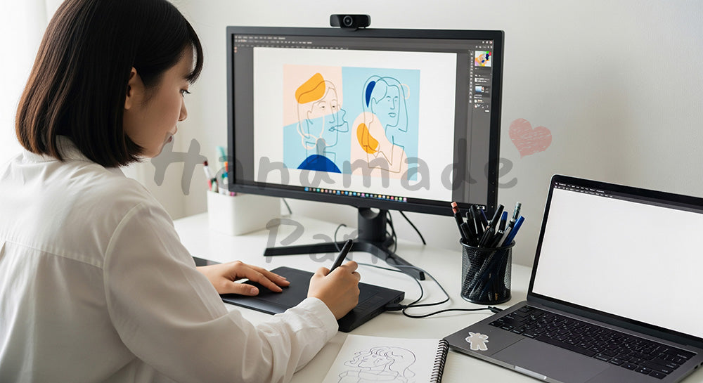 フリー素材 無料 写真|ペンタブとノートPCでデジタルイラスト制作をする日本人女性クリエイター 写真背景