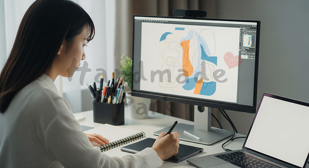 フリー素材 無料 写真|ペンタブとノートPCでデジタルイラスト制作をする日本人女性クリエイター 背景素材