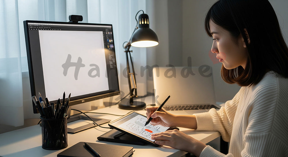 フリー素材 無料 写真|ペンタブとノートPCでデジタルイラスト制作をする日本人女性クリエイター