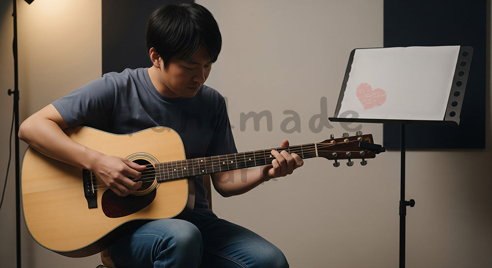 フリー素材 無料 写真|ギターを抱えてコード練習をする日本人男性の音楽趣味シーン