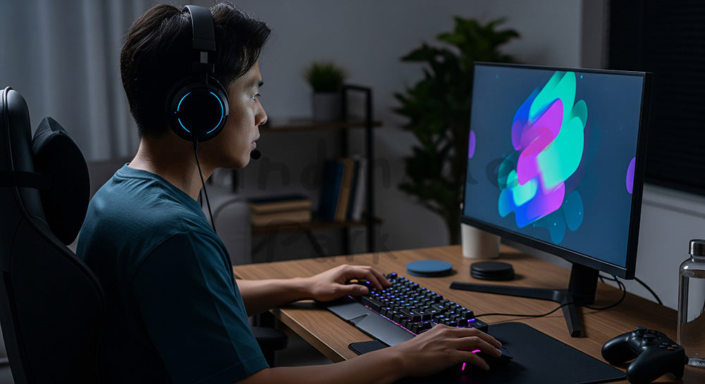 フリー素材 無料 写真|ゲーミングPCとヘッドセットでオンラインゲームを楽しむ日本人男性 余白あり