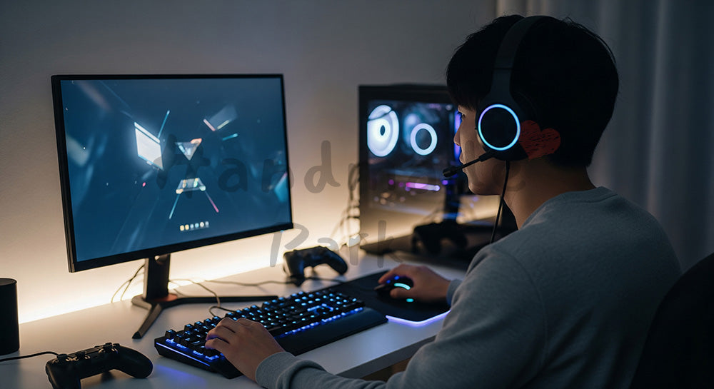 フリー素材 無料 写真|ゲーミングPCとヘッドセットでオンラインゲームを楽しむ日本人男性 背景素材