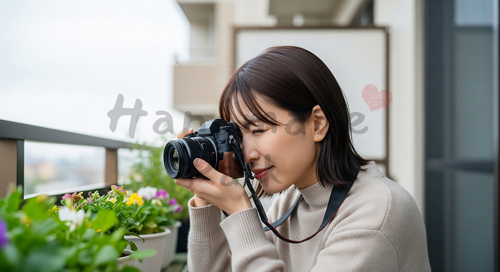 フリー素材 無料 写真|ベランダで花を撮影する日本人女性カメラ愛好家の休日シーン 余白あり