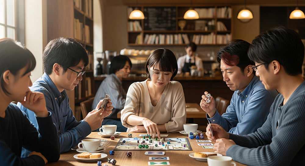 フリー素材 無料 写真|ボードゲームカフェ風の店内でゲームを楽しむ日本人グループ 余白あり