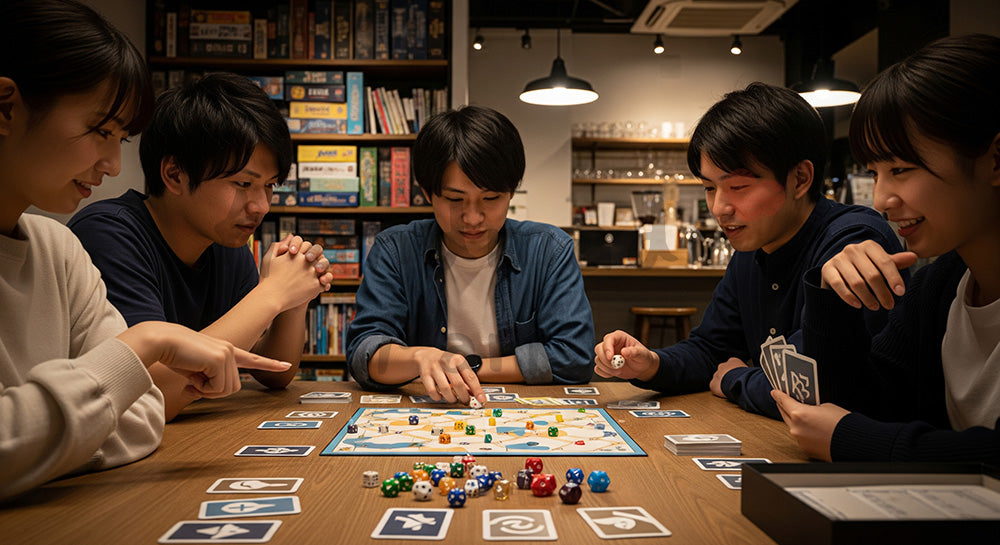 フリー素材 無料 写真|ボードゲームカフェ風の店内でゲームを楽しむ日本人グループ 写真背景