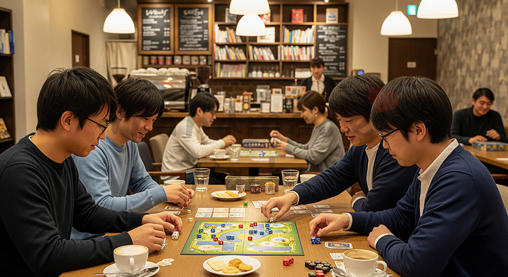フリー素材 無料 写真|ボードゲームカフェ風の店内でゲームを楽しむ日本人グループ