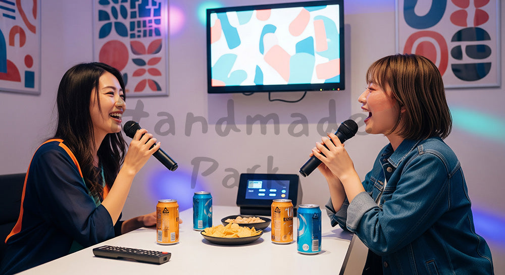 フリー素材 無料 写真|カラオケルームでマイクを手に歌う日本人女性二人の娯楽シーン 写真背景