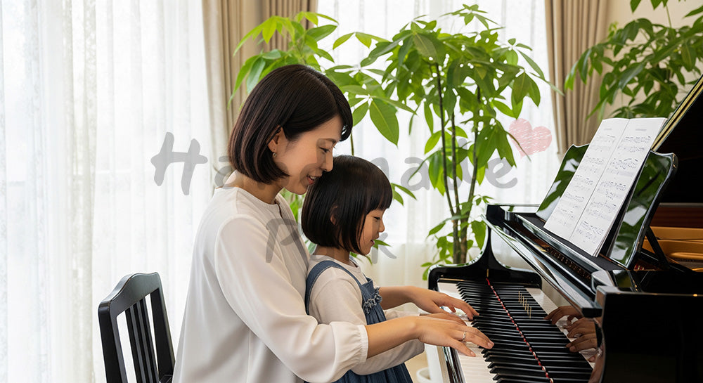フリー素材 無料 写真|ピアノで連弾を楽しむ日本人母子の音楽レッスンシーン 背景素材