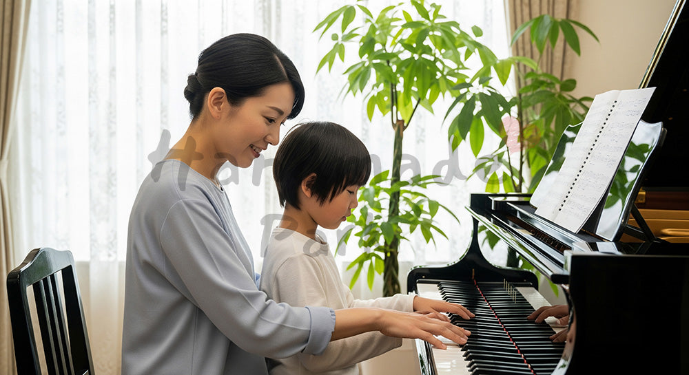 フリー素材 無料 写真|ピアノで連弾を楽しむ日本人母子の音楽レッスンシーン