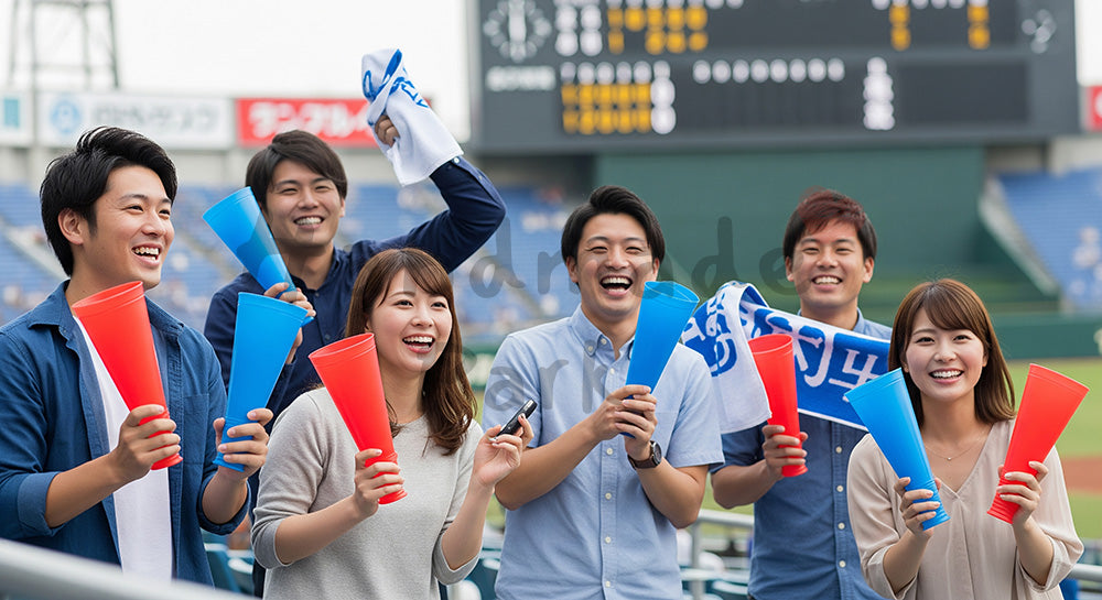 フリー素材 無料 写真|野球場スタンドで応援グッズを手に観戦を楽しむ日本人グループ 背景素材