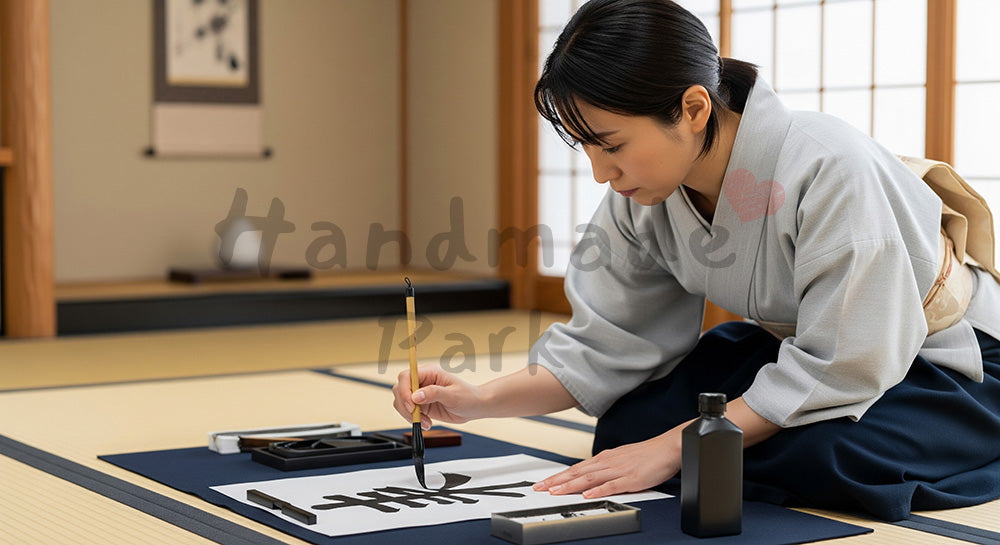 フリー素材 無料 写真|和室で筆と墨を使い書道をたしなむ日本人女性 余白あり