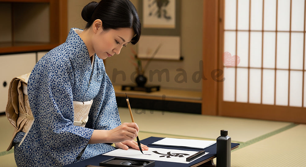 フリー素材 無料 写真|和室で筆と墨を使い書道をたしなむ日本人女性