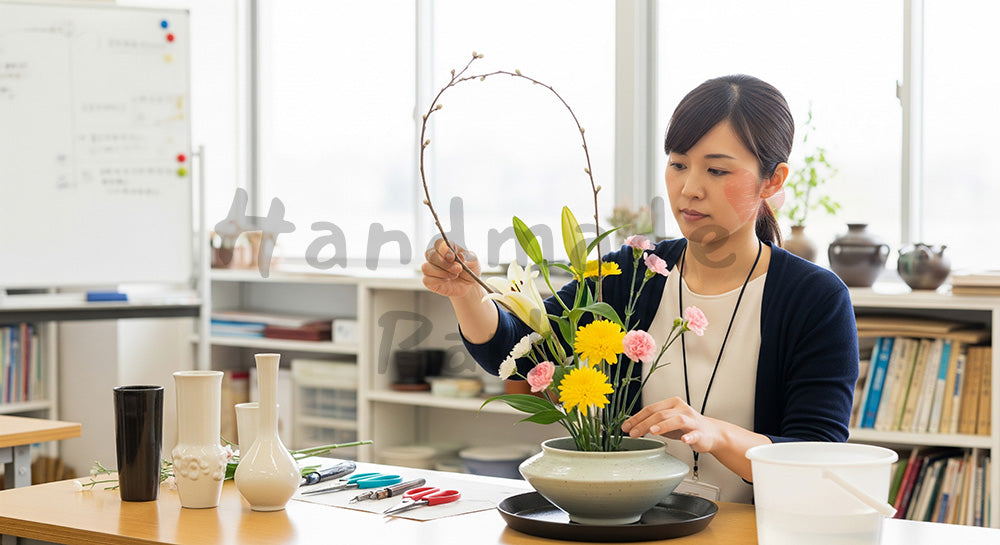 フリー素材 無料 写真|生け花教室で花器に季節の花をいける日本人女性 写真背景