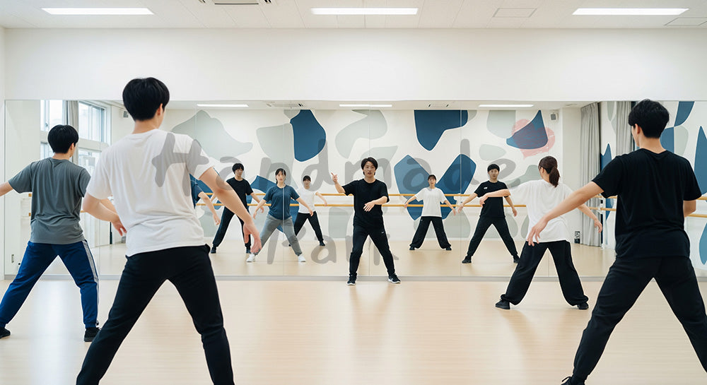 フリー素材 無料 写真|ダンススタジオでインストラクターと一緒にレッスンを受ける日本人若者グループ 余白あり