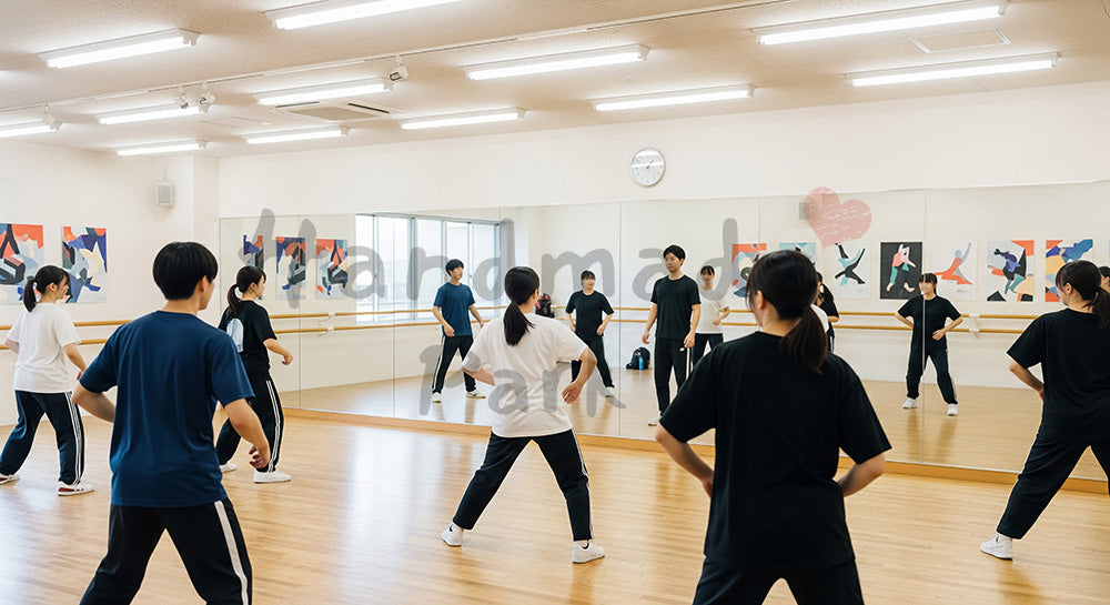 フリー素材 無料 写真|ダンススタジオでインストラクターと一緒にレッスンを受ける日本人若者グループ