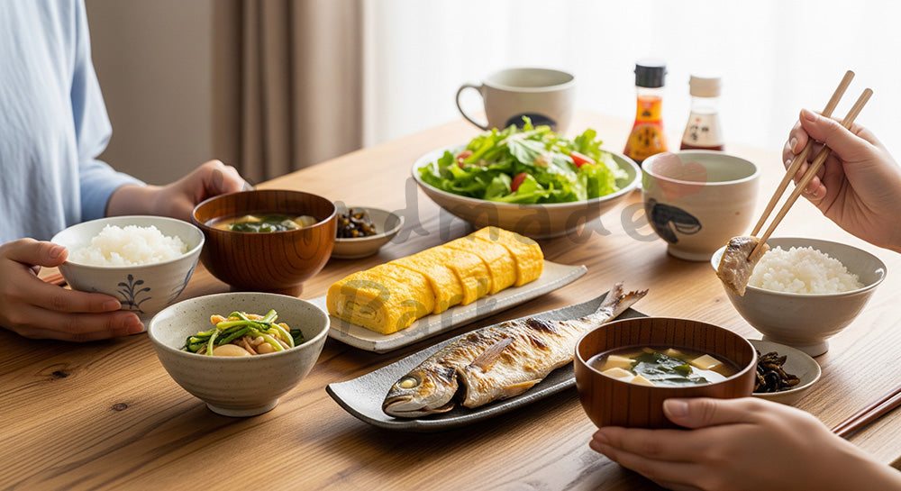 フリー素材 無料 写真|木目テーブルに和朝食が並ぶ日本人家族の健康的な朝ごはんシーン 背景素材