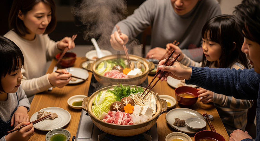 フリー素材 無料 写真|湯気の立つ寄せ鍋を家族で囲む日本人家庭の冬の食卓(表現3)