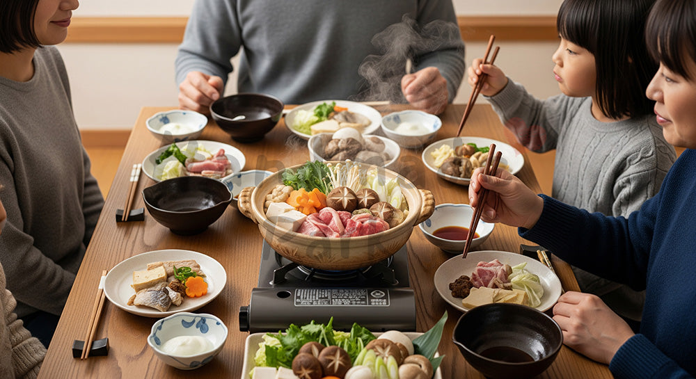 フリー素材 無料 写真|湯気の立つ寄せ鍋を家族で囲む日本人家庭の冬の食卓(表現1)