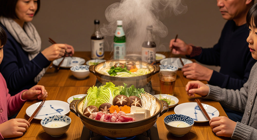フリー素材 無料 写真|湯気の立つ寄せ鍋を家族で囲む日本人家庭の冬の食卓 背景素材