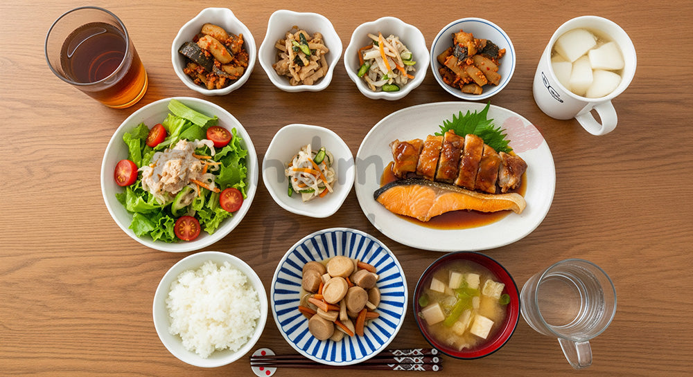 フリー素材 無料 写真|木目テーブルに和洋折衷の家庭夕食が並ぶフラットレイ(人物なし) 写真背景