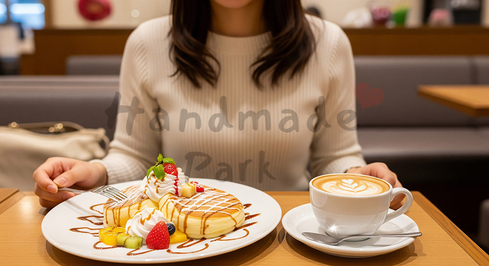 フリー素材 無料 写真|パンケーキとカフェラテを楽しむ日本人女性のカフェスイーツシーン 余白あり