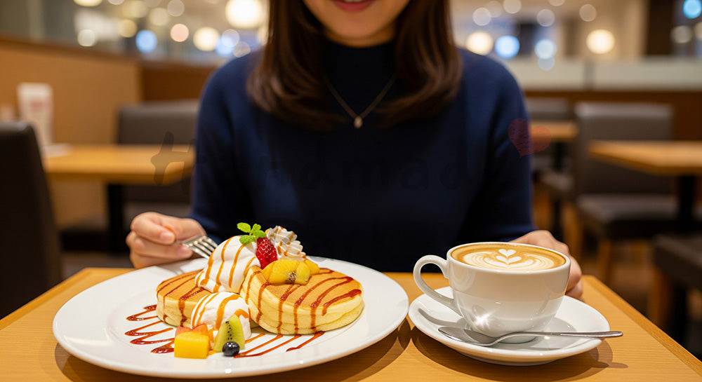フリー素材 無料 写真|パンケーキとカフェラテを楽しむ日本人女性のカフェスイーツシーン 写真背景