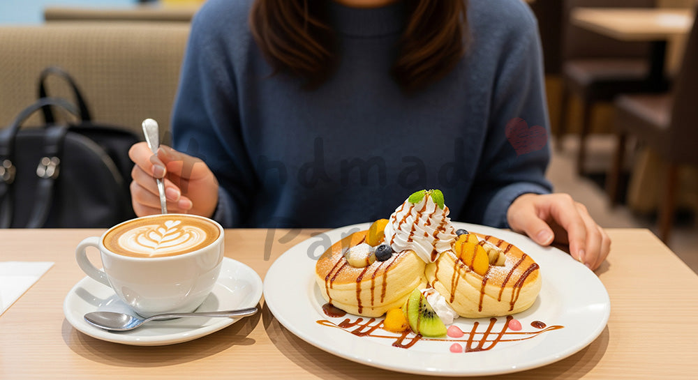 フリー素材 無料 写真|パンケーキとカフェラテを楽しむ日本人女性のカフェスイーツシーン 背景素材