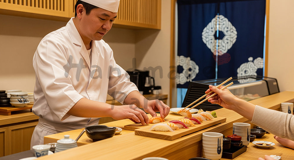 フリー素材 無料 写真|カウンター越しに握り寿司を並べる板前の手元シーン(日本風寿司店) 余白あり