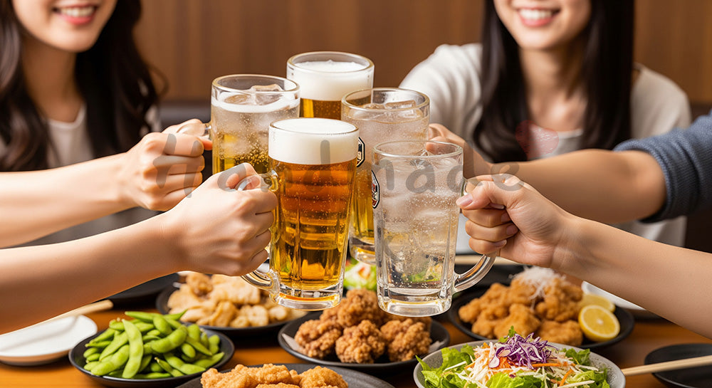 フリー素材 無料 写真|居酒屋風テーブルでグラスを合わせて乾杯する日本人友人グループの飲み会シーン 余白あり