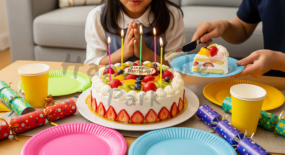 フリー素材 無料 写真|ホールケーキが主役の日本人家庭の子ども誕生日パーティー食卓シーン 写真背景